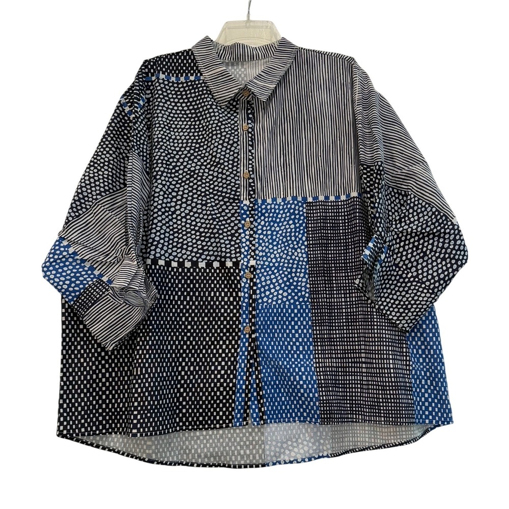 Mixed Geometric Print Patchwork Button Down Shirt… - image 2